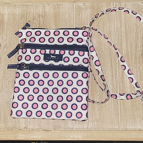 SCOUT Sally Go Lightly Blue White Pink Polka Dot Crossbody Purse Triple Zip - Picture 1 of 10